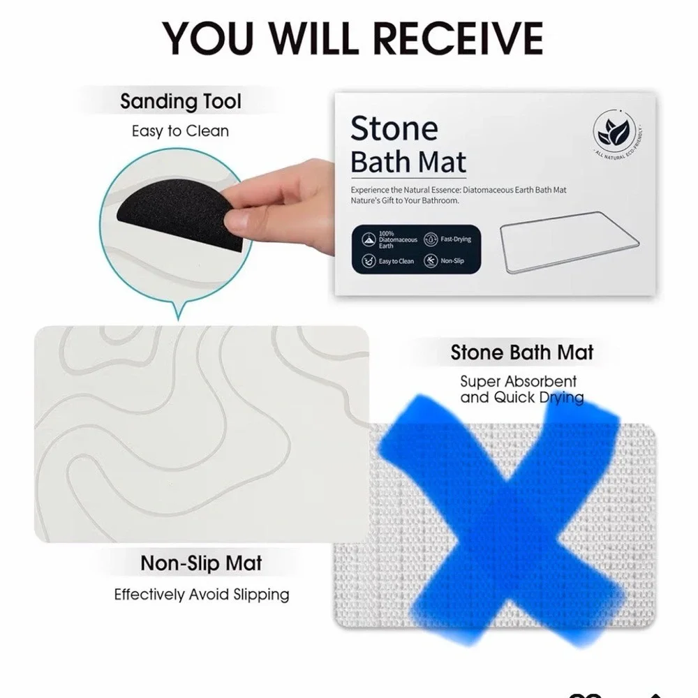 ZIKIBL Diatomaceous Earth Stone Bath Mat Fast Drying Non Slip Grey White 24x15in
